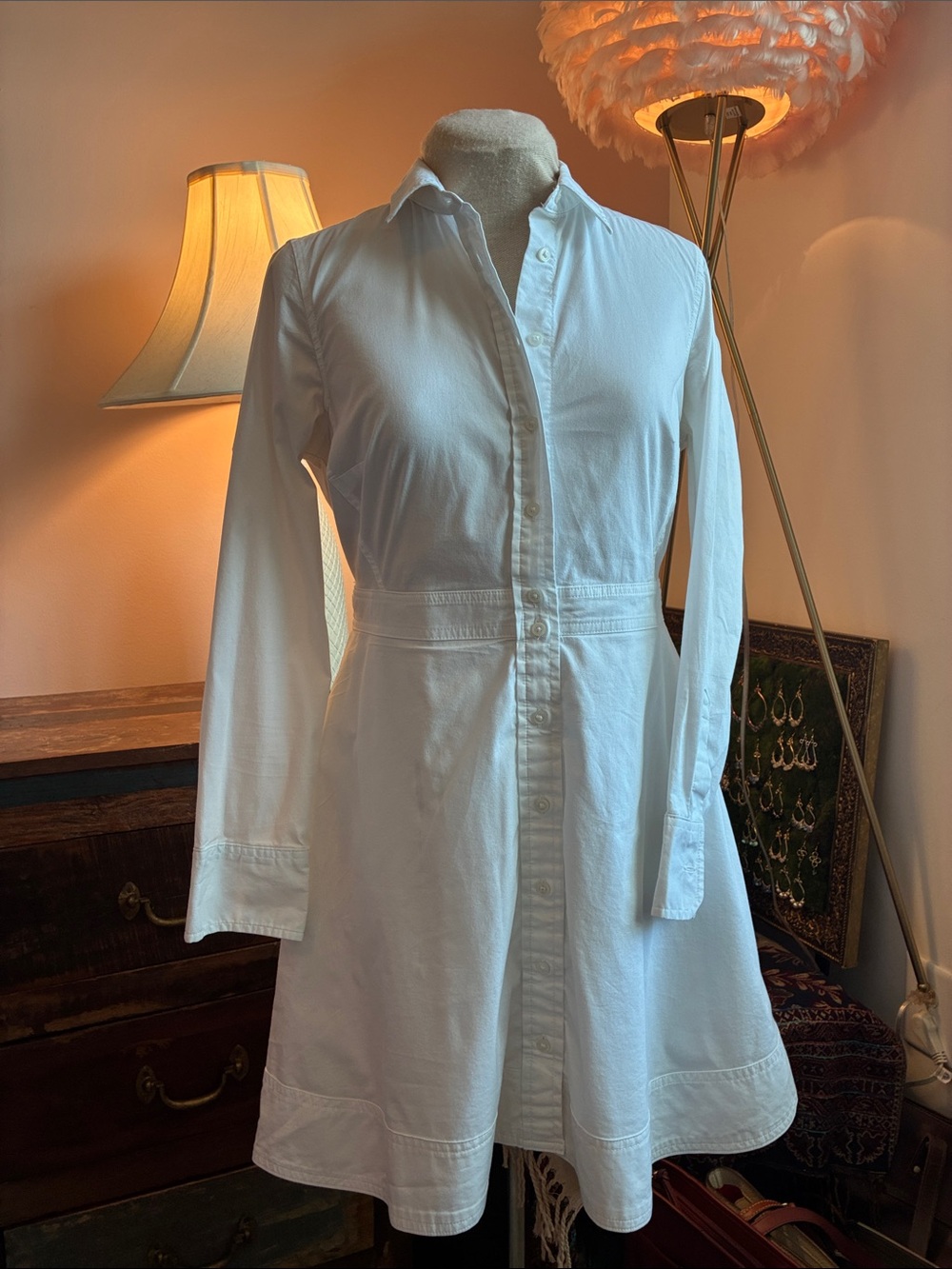 Banana Republic White Long-Sleeve Cotton Shirt Dress